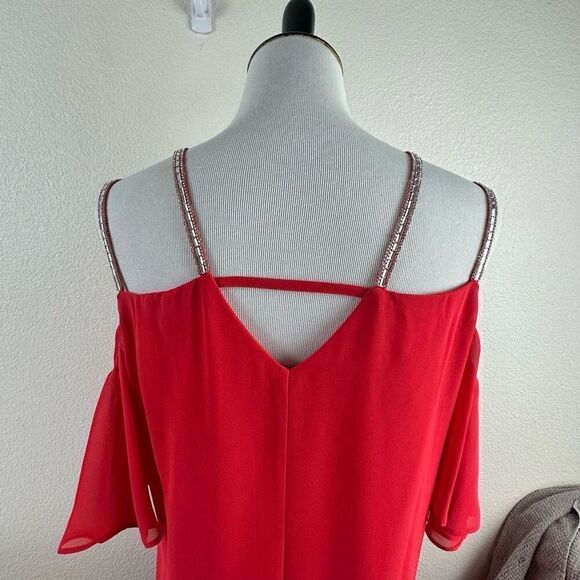 MSK Women's 12 Rhinestone Beaded Strap Off Shoulder Chiffon Party Dress Red - Picture 5 of 11